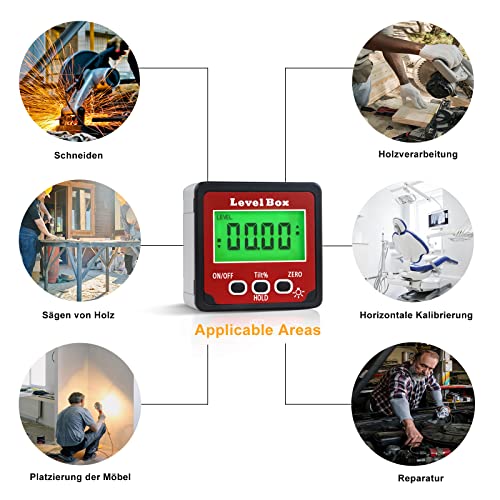 Digital LCD Protractor with Magnetic Base, IP54 Waterproof Inclinometer Bevel Box, Level Box Angle Measuring Device Inclinometer (Battery Included) Red