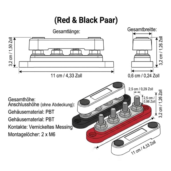 1 Pair Bus Bar M8 150A Power Distribution, Bus Bar Block, Bus Bar for Car Battery, Power Distribution Block for Car, Marine and Truck, 12V-48V Black/Red