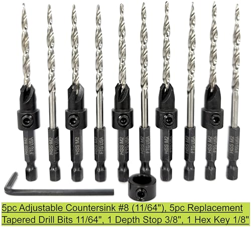 FTG USA 5-piece #8 countersink drill bit set with 5 replacement bits and countersinks