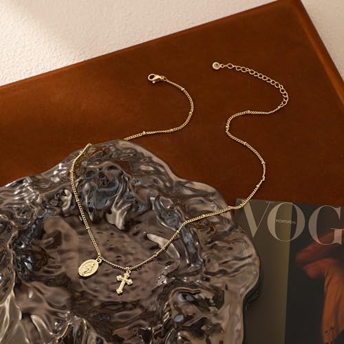 Rotnso Cross Necklace for Women 14K Gold Plated Dainty Small Pendant Choker Virgin Mary Cross-GD