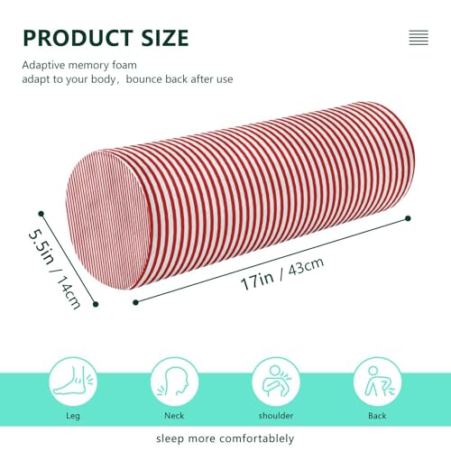 Red White Stripes Neck Roll Pillow - Extra Dense Memory Foam Round Cylinder Bolster for Cervical Support, Spondylosis, Neck Pain Relief Red Stripes