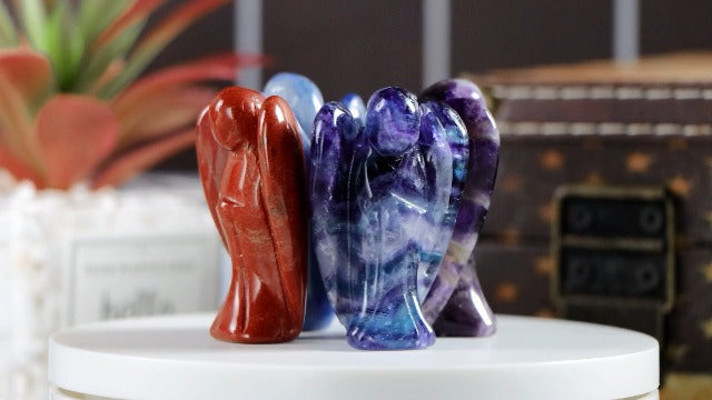 Artistone Rainbow Fluorite Crystal Angel Figurines Healing Crystals Natural Pocket Guardian Angel Statue Stone Decor Handcraft with Gift Box