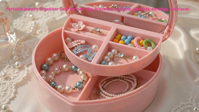 Cabilock 5PCS Heart Shape Double Layer Jewelry Box with Mirror, Portable Jewelry Organizer Case for Earrings Rings Necklaces, Pink