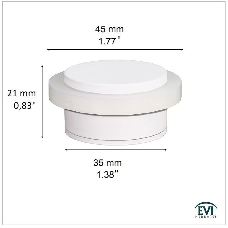 EVI Herrajes | White Door Stop | Modern Design | H:0.82“ - W:1.37” | Adhesive or Screw Installation Included | Natural Silicone Protection | Floor Door Stop Lacquered White - White Rubber