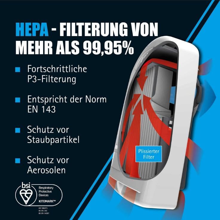 JSP Force™8 Half Mask Respirator, PressToCheck™ P3 RD Filters with Daily Face-Fit Check Technology | Protection against fine dust, quartz dust, wood dust, glyphosate, mold, aerosols, DIY and industry, EN140, EN143 certified Dust protection (P3)