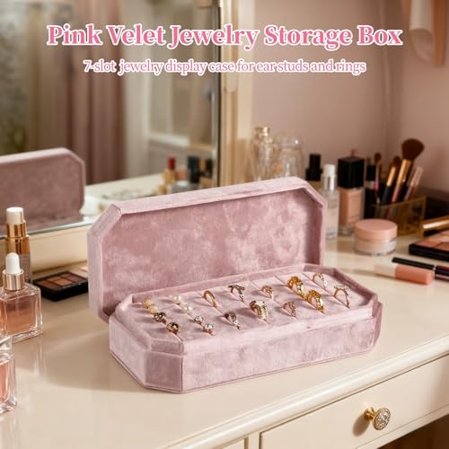 OMISTAR Velvet Ring Box Organizer, 7 Slots Ring Jewelry Display Case, Pink Velvet Ring Holder with Lid, 8.2 x 4.1 in Jewelry Storage Tray for Ear Studs and Rings