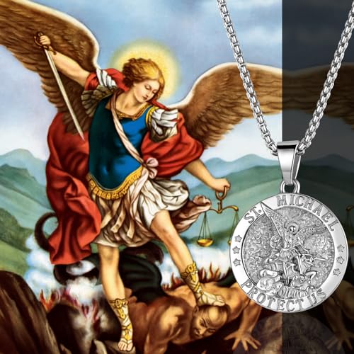 Flong Saint Michael Pendant Necklace: Catholic Archangel Medal Necklace Religious Amulets Jewelry Gifts for Men With Card silver
