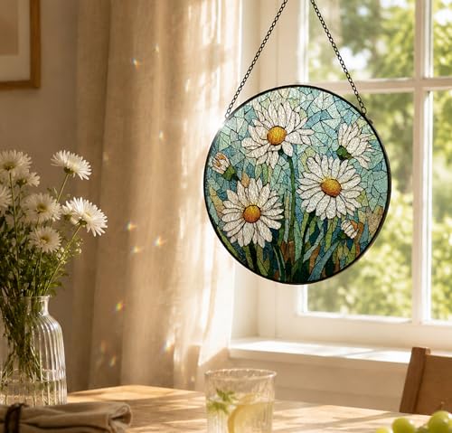 White Daisy Farmhouse Stained Glass Suncatcher Window Hanging Color02