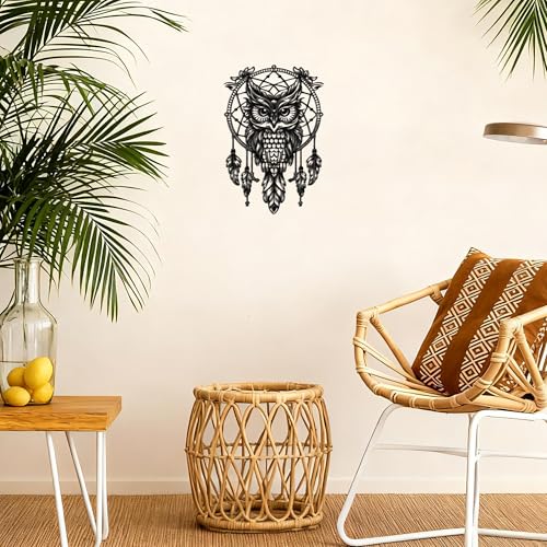 Matte Black Owl Dreamcatcher Metal Wall Art, Indian Boho Spiritual Decor