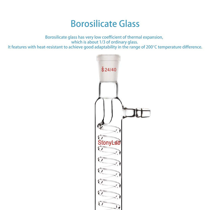 StonyLab Borosilicate Glass Graham Condenser with 24/40 Joint 200mm Jacket Length Lab Condenser 200 mm