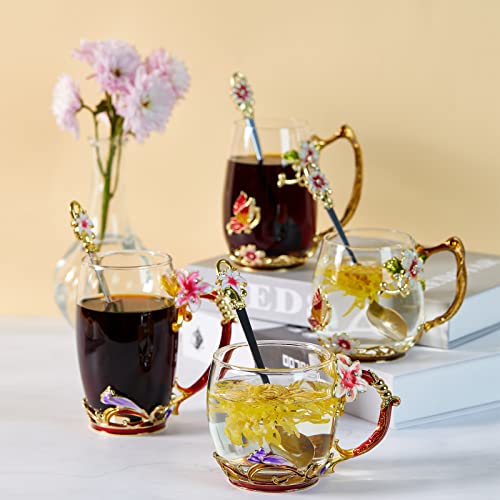 Tea Cup Glass Coffee Mugs,Fancy Tea Cup Set Birthday Christmas Valentine's Day Gift Idea for Tea Lover and Women Novelty Coffee Mugs Rose Flower Enamel Tea Cup Glass Mug with Spoon Red daisy butterfly