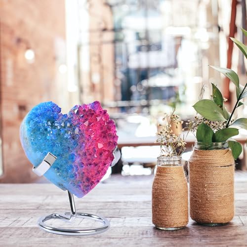 JIC Gem Red Blue Titanium Coated Large Heart Crystal Cluster Geode Healing Crystals Heart Shaped Rocks with Crystal Display Stand Home Decor Reiki Meditation 3.14-3.54 inch Bluepink