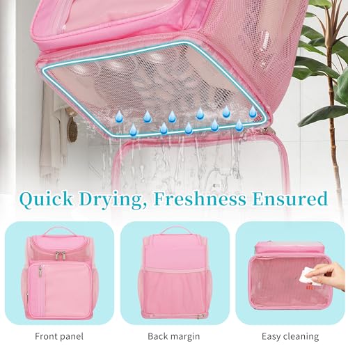 Pink medium hanging shower caddy by Bagmoly, portable travel toiletry bag with multiple compartments for college use.