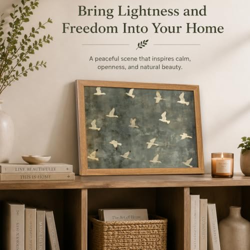 Framed Flying Bird Wall Art,Vintage Minimalist Flock of White Birds Print Flying Bird Beige Frame Framed 16"L x 12"W
