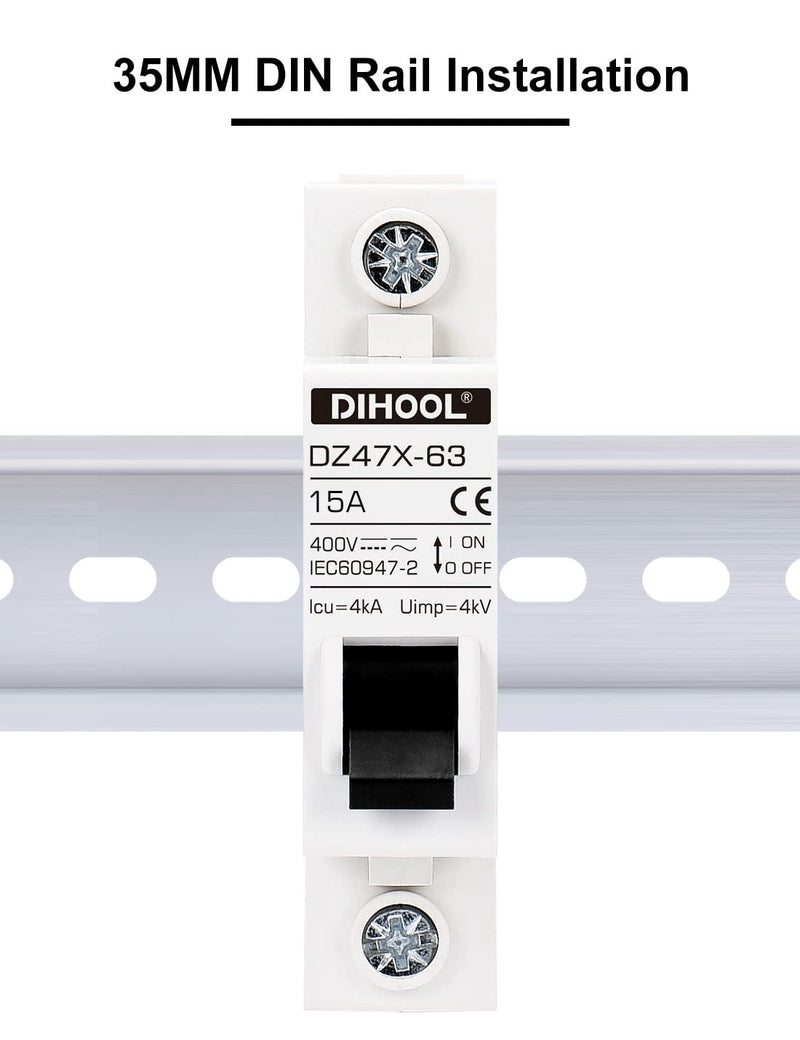 [Australia - AusPower] - DIHOOL AC/DC Miniature Circuit Breakers, 2 Pack, Single Pole 15 Amp, 12V 24V 48V 400V, Non Polarized, Solar Disconnect Switch, DIN Rail Mount, RV Battery Isolator, PV Array MCB, Thermal Magnetic Trip 15a 