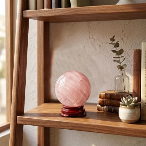 1.6-2 inch Natural Pink Crystal Ball with Stand, Hand Polished Rose Quartz Gemstone Sphere, Reiki Healing Energy Stone, Feng Shui Home Desktop Ornament, Spiritual Meditation Decorative Gift 40-50mm