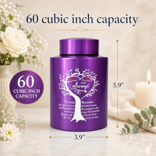 Purple Medium Urns for Human Ashes Up to 60 Cubic Inches, Small Cremation Urn for Ashes Adult Female Male, Decorative Stainless Steel Funeral Burial Memorial Urn with Two Cardinal Birds Purple
