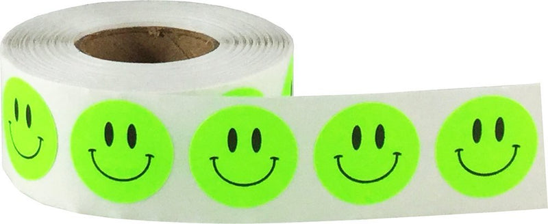 Happy Face Stickers - Fluorescent Green Happy Face Labels, 0.75 Inch Round Dots, 500 Total Adhesive Stickers for Rewards and Decorations - Made in the USA
