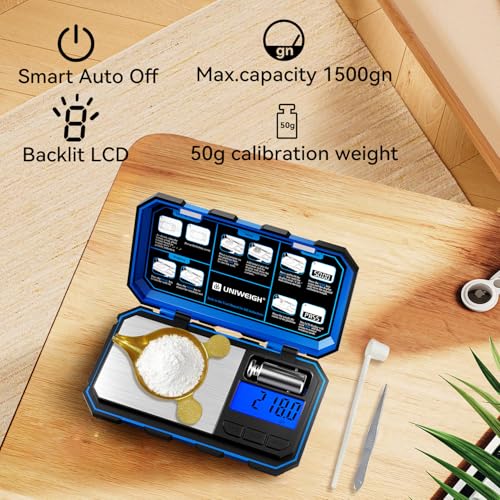 UNIWEIGH blue digital reloading scale, 1500 grain capacity with 0.1gn precision display