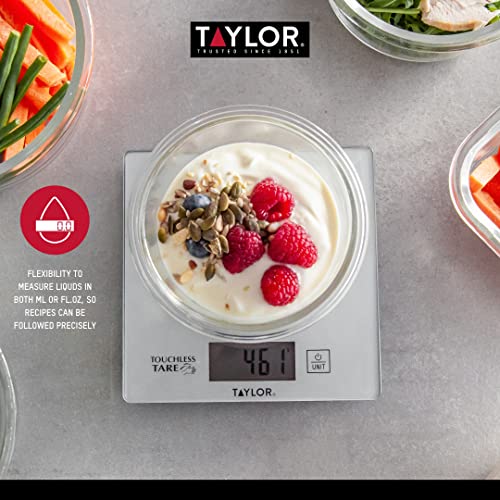 Taylor Pro Digital Cooking Scales with Touchless Tare, For Dry & Liquid Weighing, Gift Boxed, Silver, 5kg / 5000ml Capacity