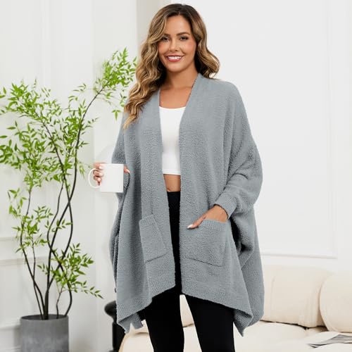 Wearable Blanket Sherpa Poncho Unique Office Work Warm Cozy Shawl TV Throw Blankets, Plush Cape Wrap for Adults Dark-gray