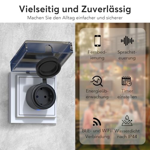 EIGHTREE WLAN Outdoor Socket with Current Measurement IP44 Waterproof Pack | Smart socket with timer and remote control, outdoor timer compatible with Alexa and Google Home, 16 A/3680 W pack of 1
