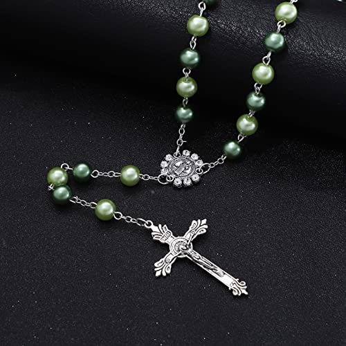 KOMI Catholic Rosary Beads for Women - Glass Pearl Beads Necklace with Saint Benedict Medal & Crucifix - Catolicos Rosary Gifts with Pouch Rosary-3