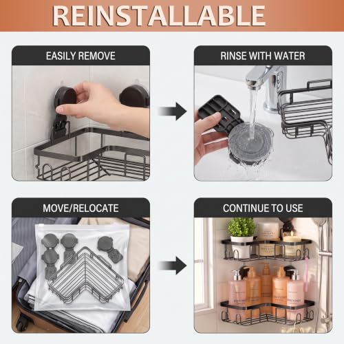 Moforoco Corner Shower Caddy Suction Cup, No Drilling Stainless Steel Shower Shelves, Portable/Movable Large Suction Cup Shower Organizer with Hooks Bathroom Storage Rack(Black)