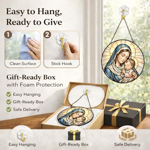 Madonna and Child Stained Glass Suncatcher Window Hanging, 7.8" Catholic Faith Gift for Mom Grandma Women, Religious Decor for Window, Prayer Room, Sunroom, Office