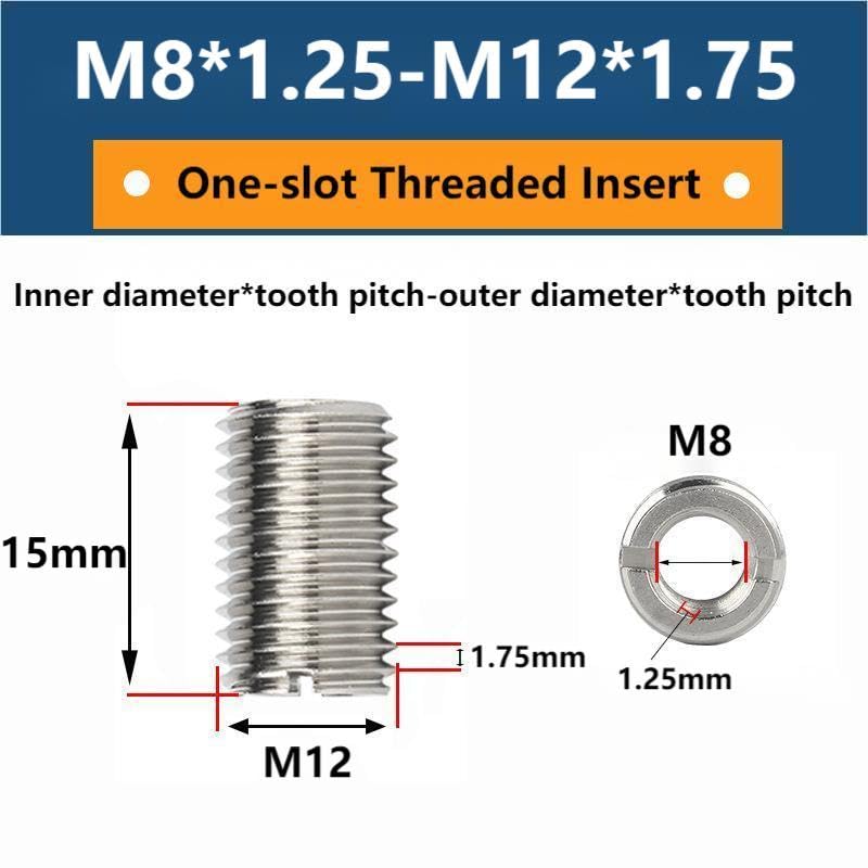 [Australia - AusPower] - 10 Pieces Threaded Insert Reducing Nut, M8 X 1.25 Female Thread and M12 X 1.75 15mm Male Thread Stainless Steel Repair Insert Nut Thread Nut Conversion Kit M8*1.25-m12*1.75 Length:15mm 