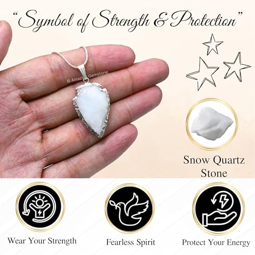 Amazing Gemstone Arrowhead Necklace for Men Women - Men's Necklaces Arrow Heads Healing Crystal Necklace - Gifts for Men, Teen Boys - Stocking Stuffers for Men (Gold Edged) Snow Quartz Silver