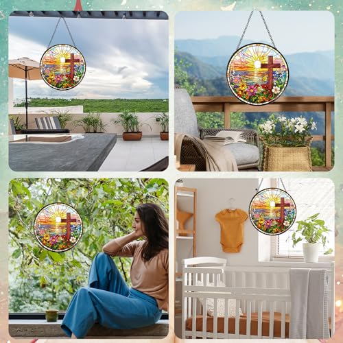 Rngmsi Cross Flower Stained Glass Sun Catcher 8 Inch Window Home Decor Religious