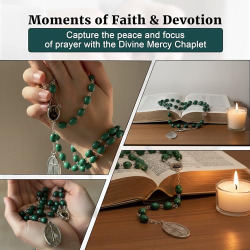 SANCTUM VERITAS Saint Faustina Kowalska True Relic Chaplet Apostle Divine of Mercy Miraculous Medal Jesus I Trust in You Chaplet Three O' Clock Prayer Poland Polish Novena Green1