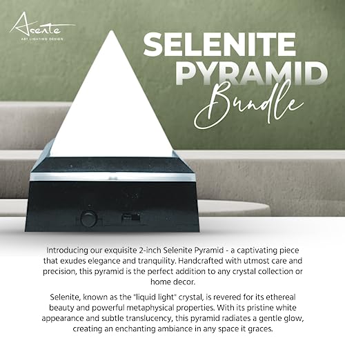 2-Inch Selenite Pyramid w/Mirror Top Lighted Base - Positive Energy Pyramid with LED Light Base - Healing Pyramid Crystal for Meditation and Reiki - Stone Pyramid w/Glass Lighted Platform