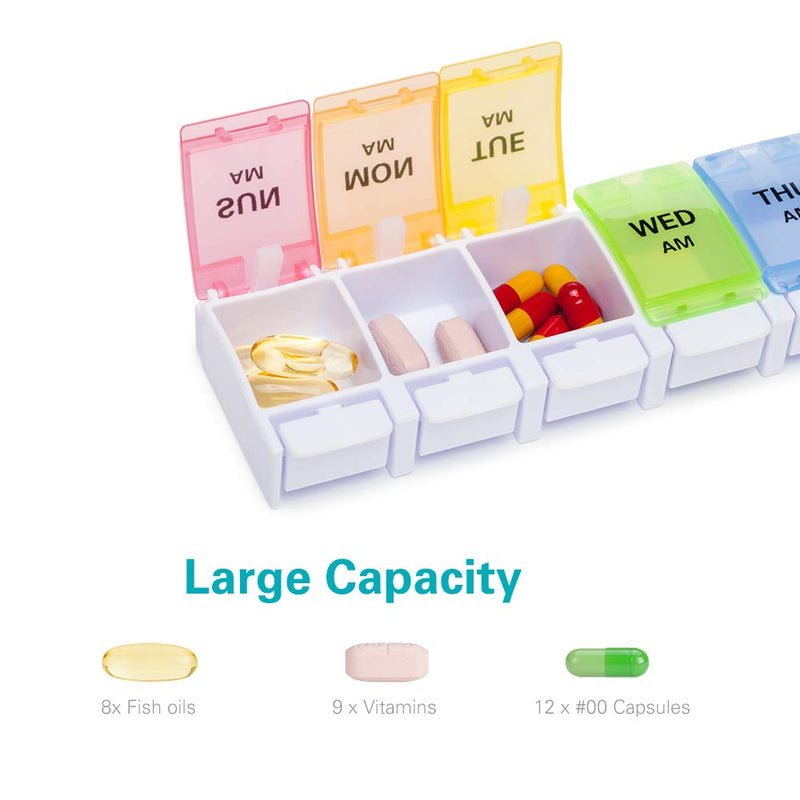 [Australia - AusPower] - Sukuos AM PM Weekly 7 Day Pill Organizer 2 Times A Day, Large Daily Pill Box with Easy Push Button Design, Detachable Pill Case for Medicine/Vitamin/Fish Oil/Supplements (Rainbow) Rainbow & Rainbow 