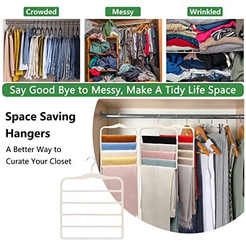 Magic Pants Velvet Hangers for Organization and Storage - Space Saving, 5 Pack Dorm Room Essentials for College Students Girls Beige Large