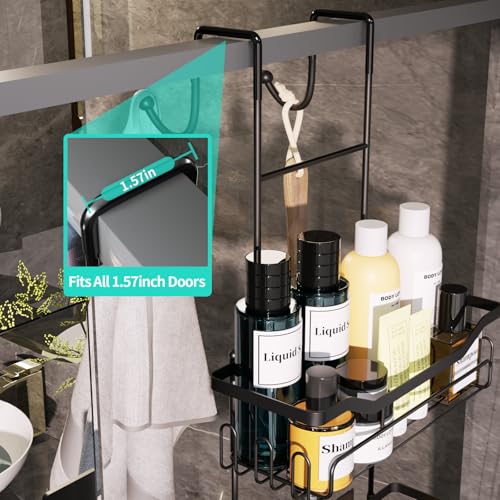 HapiRm Hanging Shower Caddy Over the Door with Soap Holder, No Drilling Adhesive Shower Organizer with 11 Hooks, Rustproof & Waterproof 304 Stainless Steel Bathroom Shelves - Black A-Black 2-tier