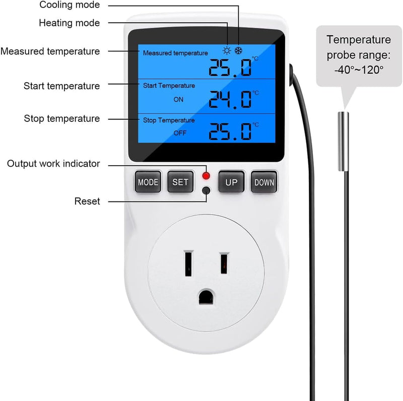 [Australia - AusPower] - Diymore Digital Thermostat Temperature Controller Electric Digital RV Thermostat Heating Cooling Control Mode Timer 1800W 120V 15A Incubator Thermometer Reptile Thermostat Greenhouse Pool Thermometer 