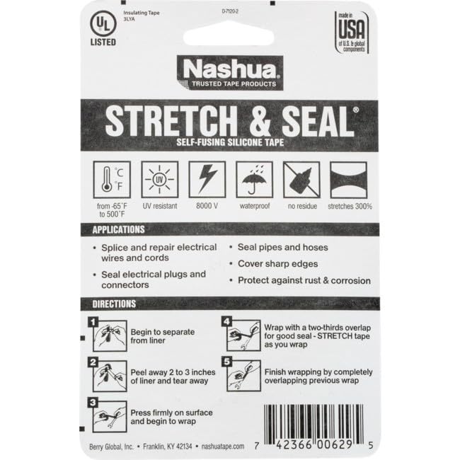 Nashua Self-Fusing Rubber Stretch and Seal Tape, 20 mil Thick, 10' Length, 1" Width, Black 1 in X 10ft