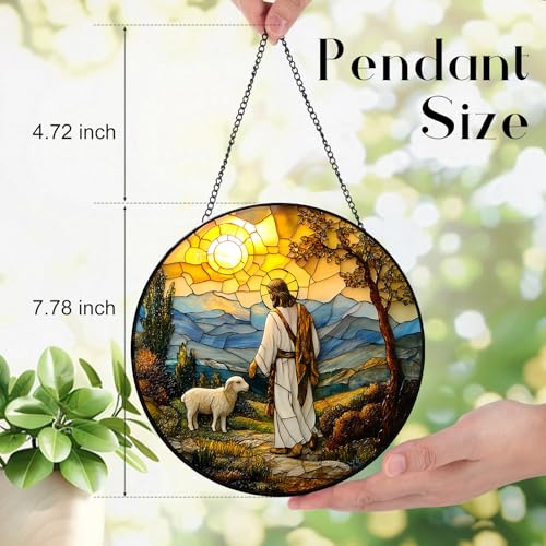 Stained Glass Jesus Suncatcher - 7.9" Real Glass Good Shepherd & Lamb Mountain Window Hanging, Weatherproof Christian Religious Decor, Sympathy Easter Memorial Gift for Mom Women Ivory