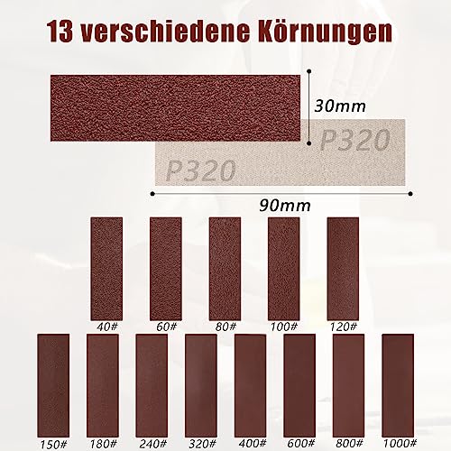 VIBRATITE 131-Piece Sandpaper Set with Hand Sanding Block, 40-1000 Grit | 90x30mm Sanding Sheets, Aluminum Oxide, Detail Sanding Set, for Wood, Metal, Model Making, DIY Projects, Sanding & Polishing 131-R