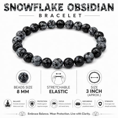Jet International New Round Beads Stretch Bracelet Natural Genuine Gift Snoflake Obsidian
