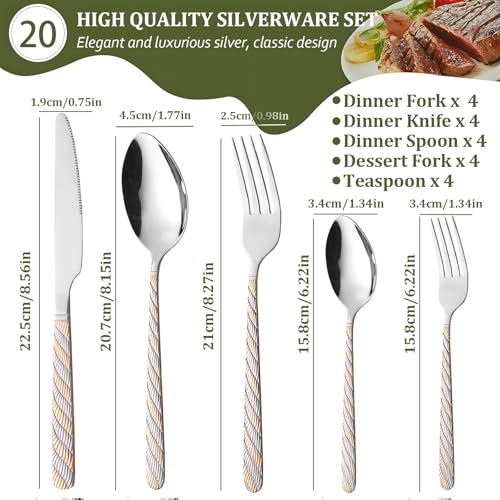 Silverware Set, 20 Piece Flatware Set for 4, Stainless Steel Cutlery Set, Mirror Polished, Modern Kitchen Eating Utensils Set Include Spoons Forks Knives for Home, Restaurant, Party (GoldSilver) GoldSilver