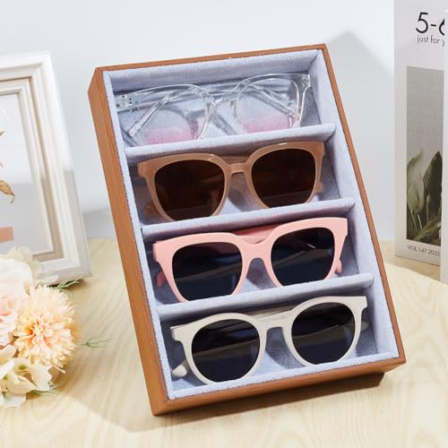 NBEADS 4 Slot Sunglasses Organizer Display, 86.61x7.17x9.84 Inch Rectangle Covered with Velvet Glasses Organizer Case Sunglasses Display Holder Sunglasses Display Box for Sunglasses Storage, Camel