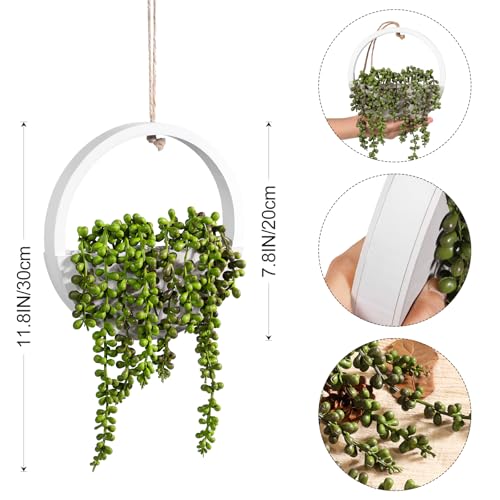 Hanging Plant Artificial Succulents Fake String of Pearls Plants 12.2'' in Wooden Pot for Indoor Outdoor Wall Decor (1PCS) Green-1pcs