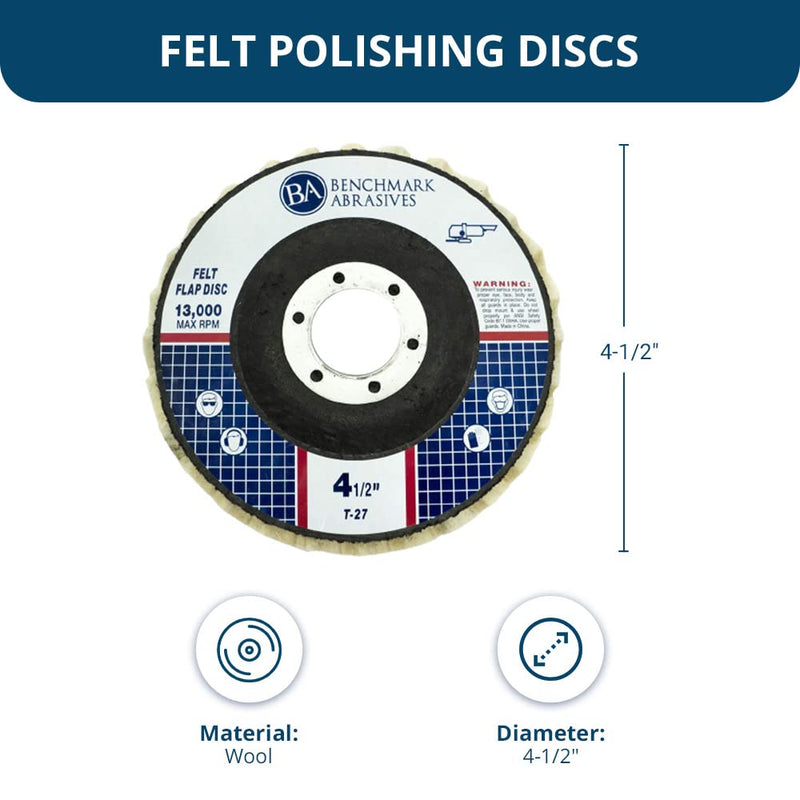 Benchmark Abrasives 4-1/2" x 7/8" Felt Polishing & Buffing Flap Discs for Polishing Stainless Steel Aluminum Fiberglass Plastic Metals, Use with Angle Grinder (5 Pack)