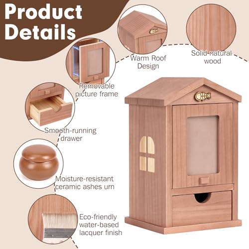Wooden Cat Urn for Ashes, Pet Ashes Box with Movable Picture Frame Walnut Brown House S