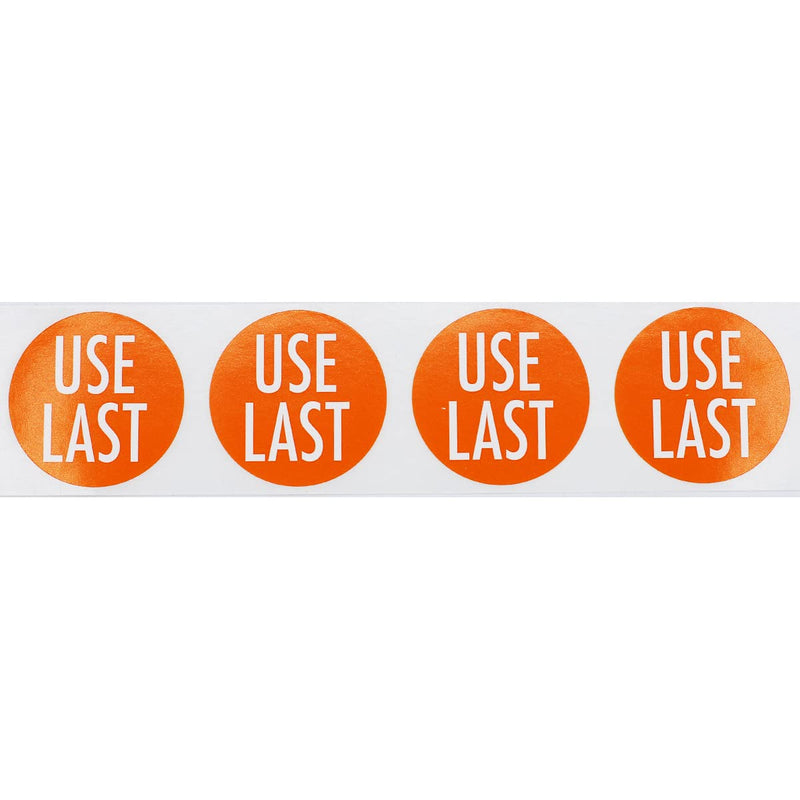 Orange with White USE Last Stickers 1.5 Inch Round Circle Dots 500 Adhesive Labels On A Roll for FIFO Inventory Rotation Stock Management and Food Prep Organization Made in the USA
