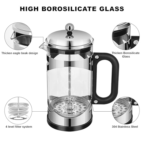 YMMIND 34 Ounce French Press Coffee Maker Chromium Stainless Steel Coffee Press, with 4-Level Filter System, Heat Resistant Thickness Borosilicate Glass, BPA-Free Brewed Coffee Pot for Camping Gifts Silvery-R 34 oz