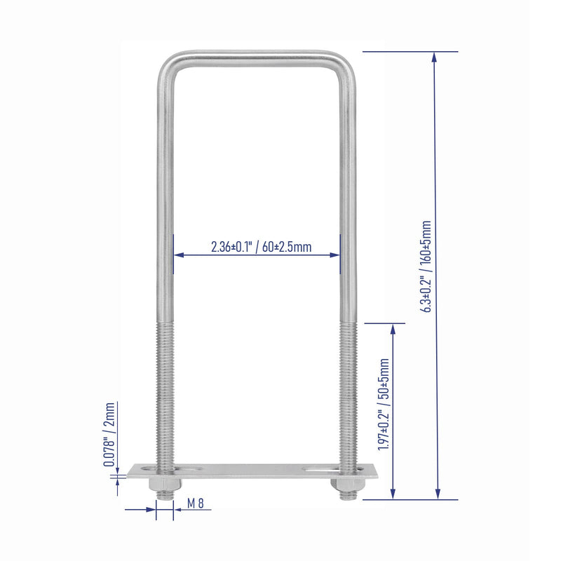 [Australia - AusPower] - 4 Sets 304 Stainless Steel Square U-Bolts 2-3/8"(60mm) Inner Width, 6.3"(160mm) Length Stainless M8 with Nuts, Frame Plate, Accessories for Automobiles Trailer, Boat Trailer Industrial Parts 60×160mm (W*L) 